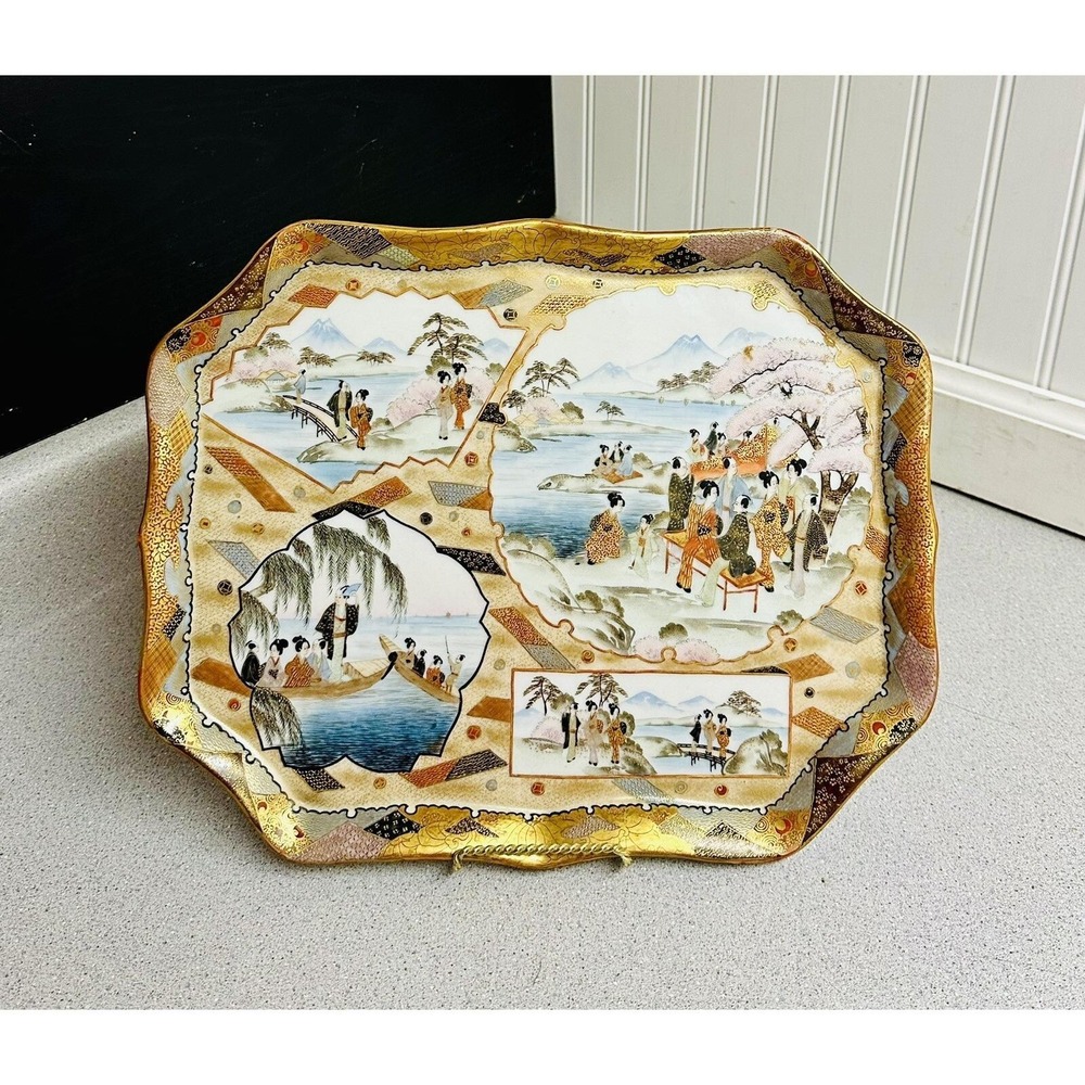 Antique Large Japanese Kutani Hand Painted Porcelain Figural Gilt Tray Signed